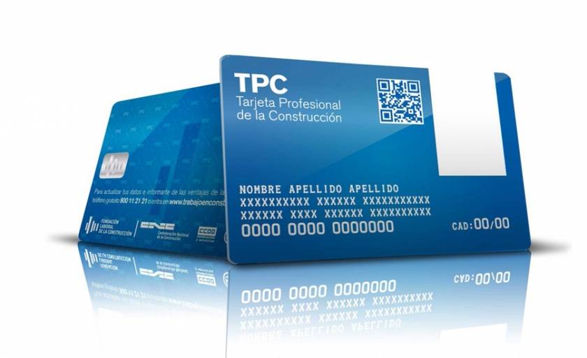 Anverso y reverso de la Tarjeta Profesional de la Construcción (TPC), la tarjeta azul de la Fundación Laboral de la Construcción